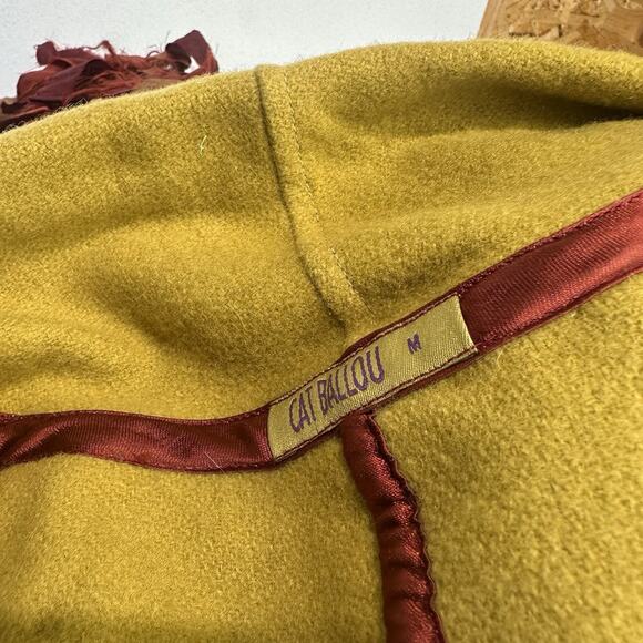 Cat Ballou Mustard Wool Fringe Jacket M Boho Leaf Trim Fall Statement Coat - Picture 11 of 15